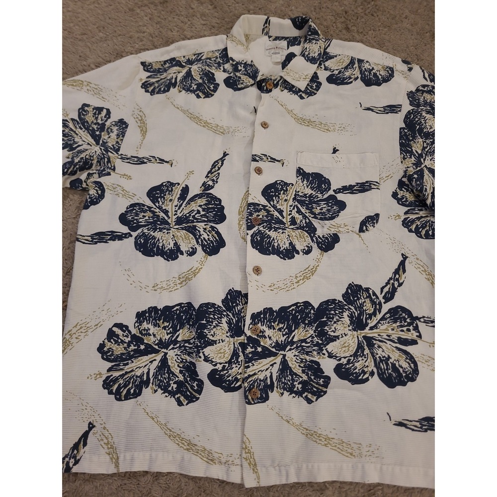 Tommy Bahama Silk Blend Shirt Large Floral Hawaiian Camp Shirt Wood Buttons